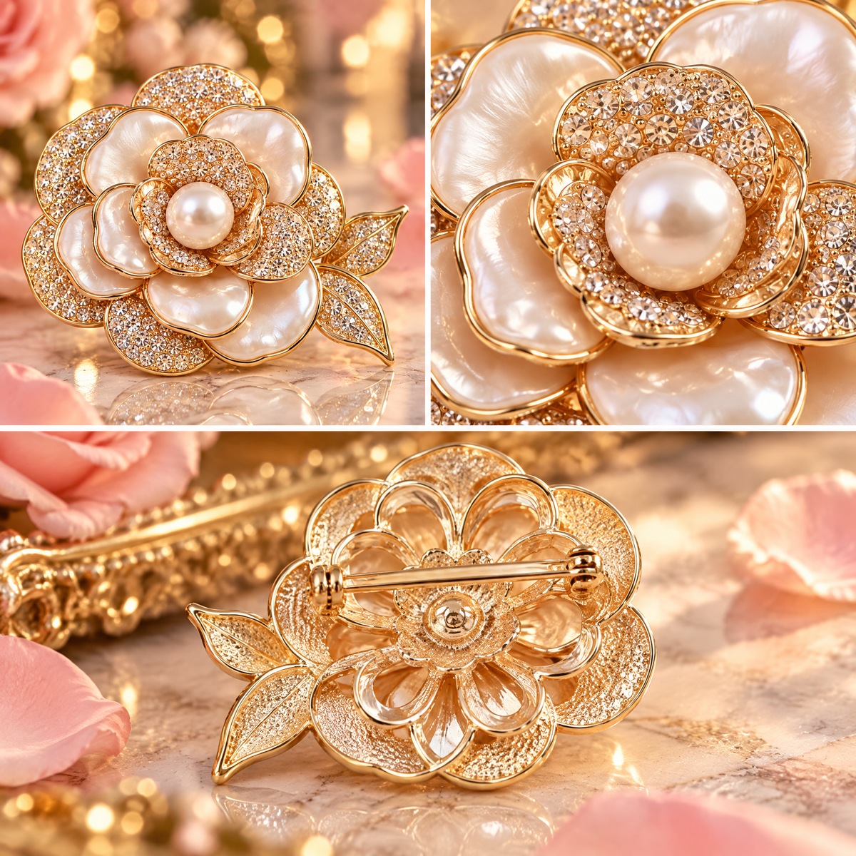Pearl & Crystal Camellia Brooch